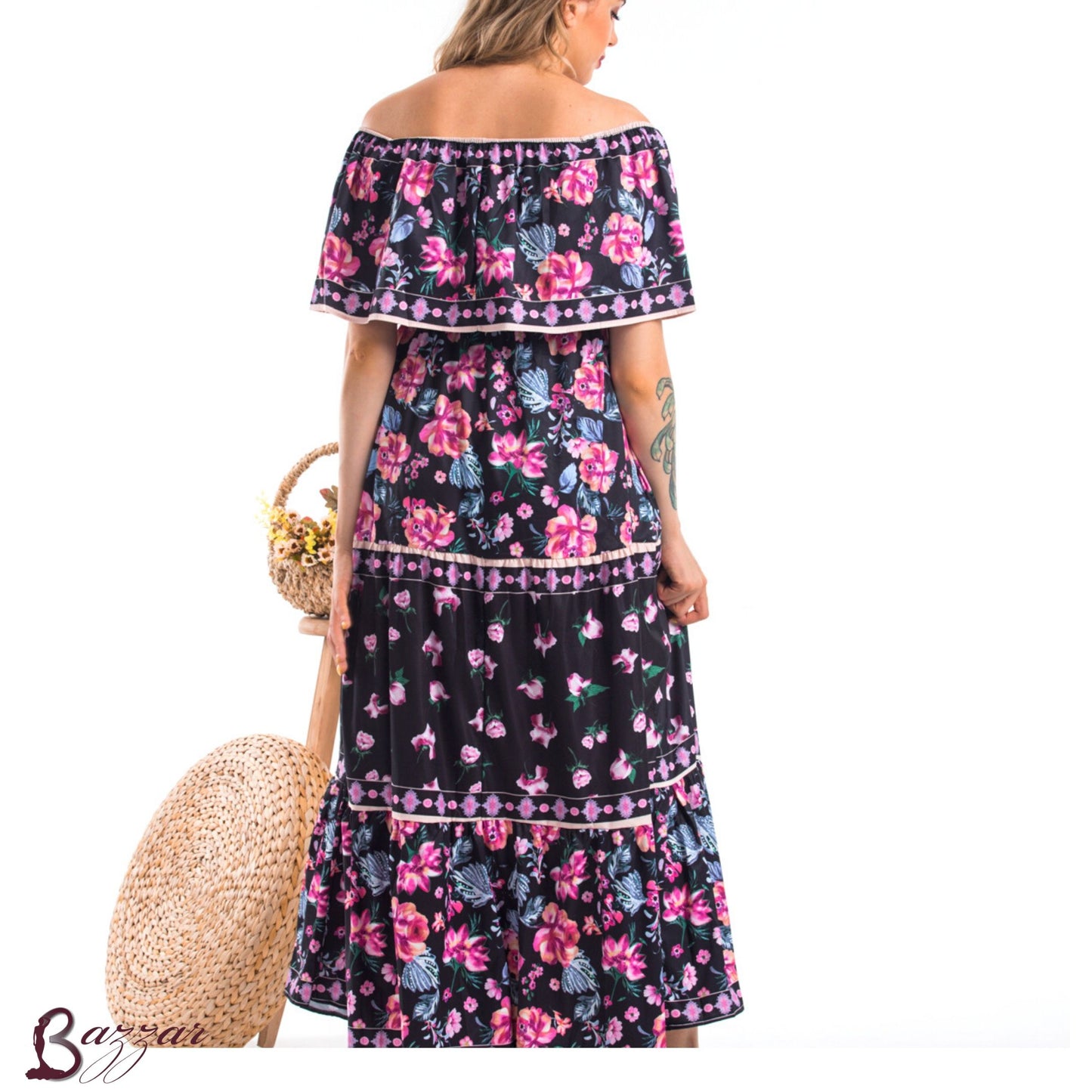 فستان - بدون أكتاف بطبعة زهور